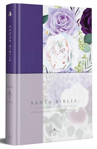BIBLIA RVR 1960 LETRA GRANDE TAPA DURA Y TELA AZUL PÚRPURA CON FLORES TAMAÑO MANUAL