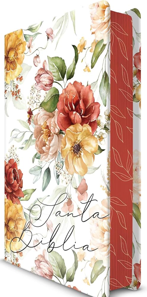 BIBLIA RVR 1960 LETRA GRANDE TAMAÑO MANUAL, TAPA DURA, FLORES ROSADAS Y CANTOS PINTADOS