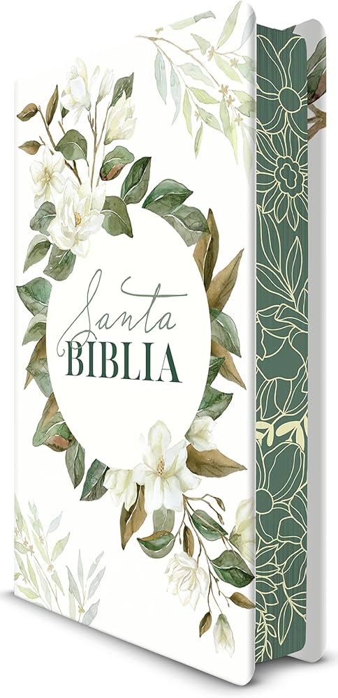BIBLIA RVR 1960 LETRA GRANDE TAMAÑO MANUAL, TAPA DURA CON FLORES BLANCAS Y CANTOS PINTADOS
